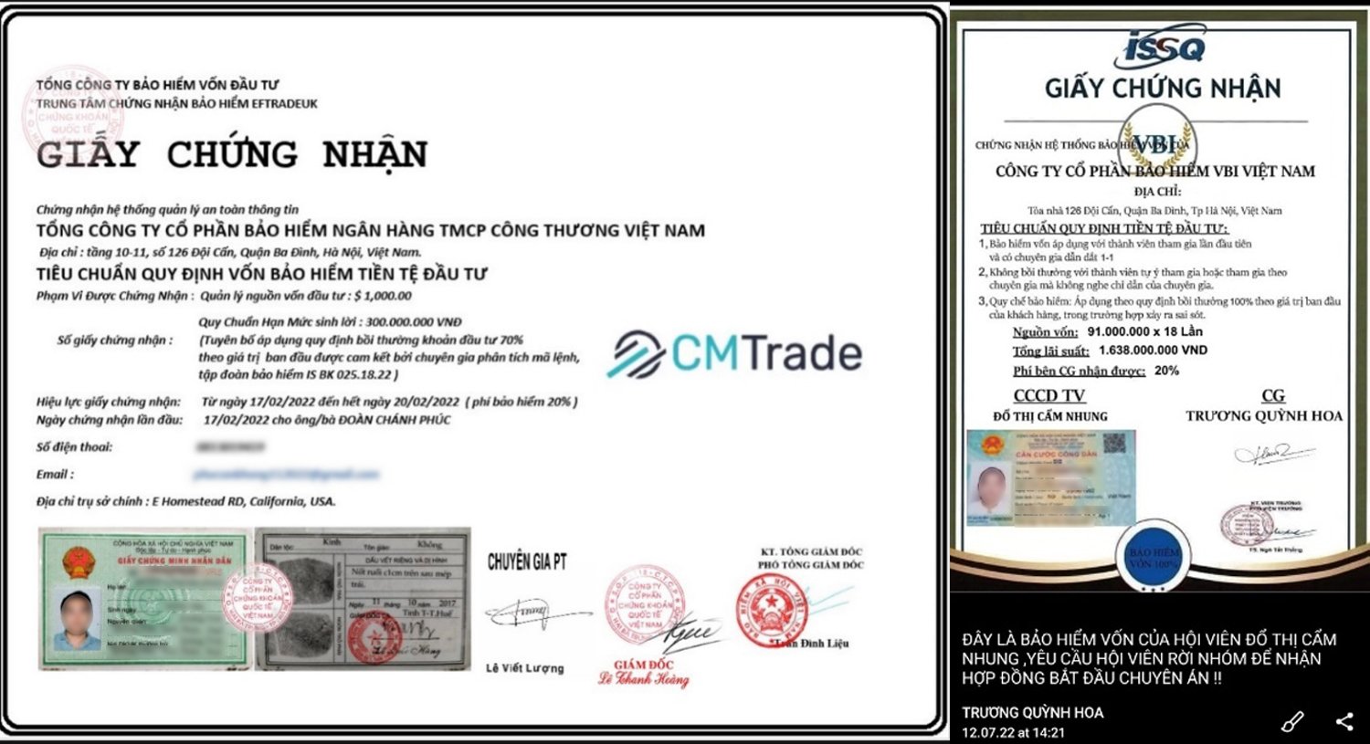 Hình ảnh giấy chứng nhận giả mạo Bảo hiểm VietinBank – VBI do nạn nhân cung cấp